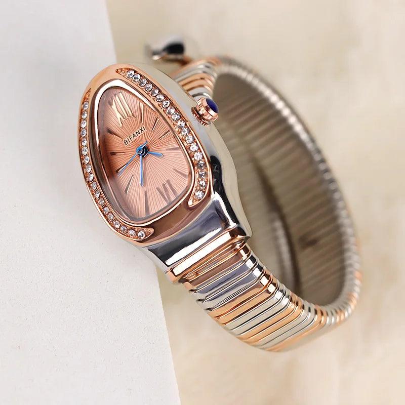 Unique Snake Shaped Design Bracelet Gold Silver Colour Women Quartz Watches - Luxury Bangle Watches Perfect Gifts