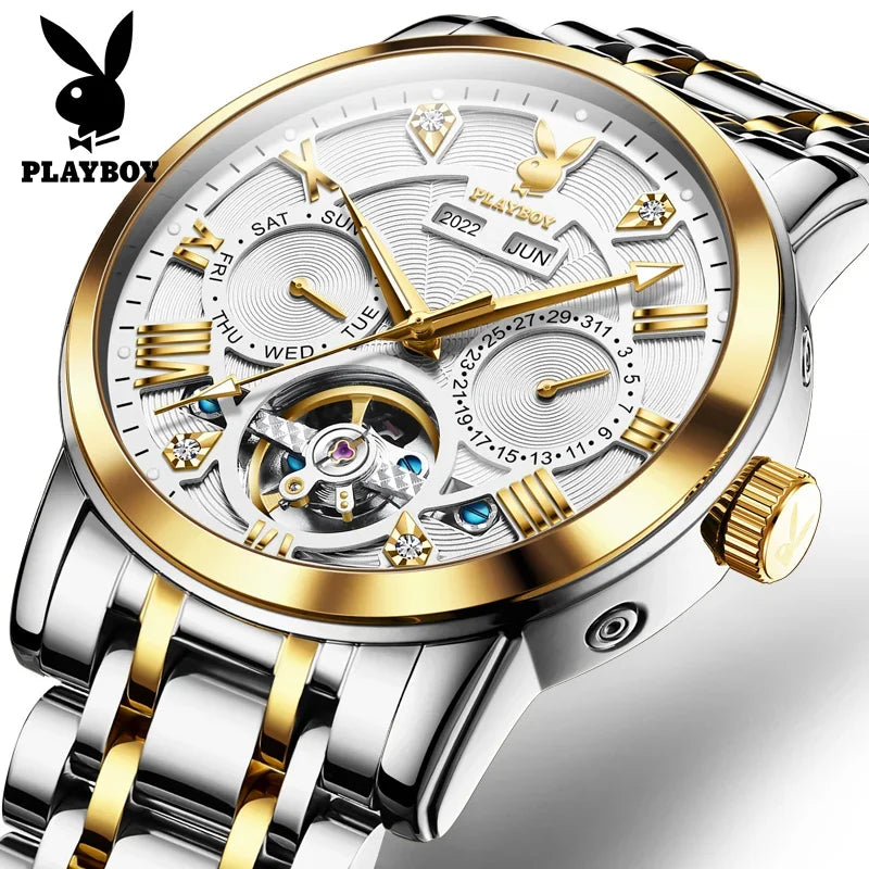 PLAYBOY Luxury Top Brand Fashion Automatic Mechanical Stainless Steel Waterproof Business Men's Watches for Men