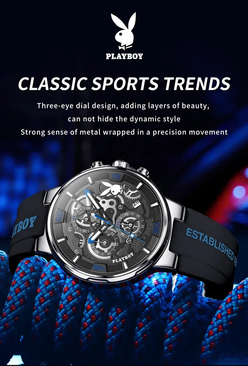PLAYBOY Fashion Top Brand Luxury Silicone Sport Watch Quartz Date Waterproof Wristwatch Chronograph Mens Watches