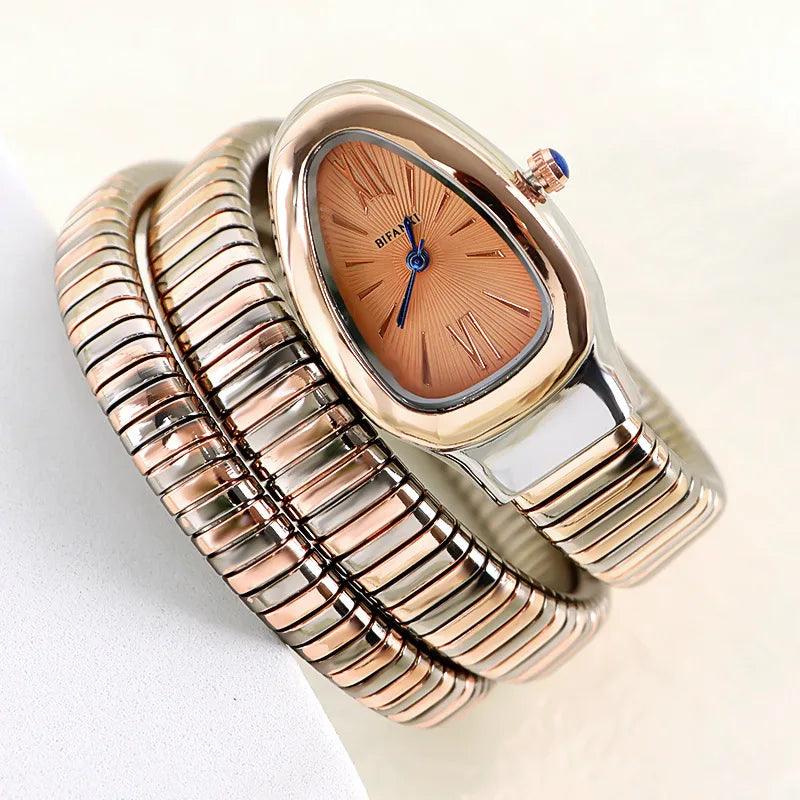 Latest Fashion Snake Design Luxury Gold Colour Stainless Steel Quartz Watches for Women Waterproof Elegant Jewellery