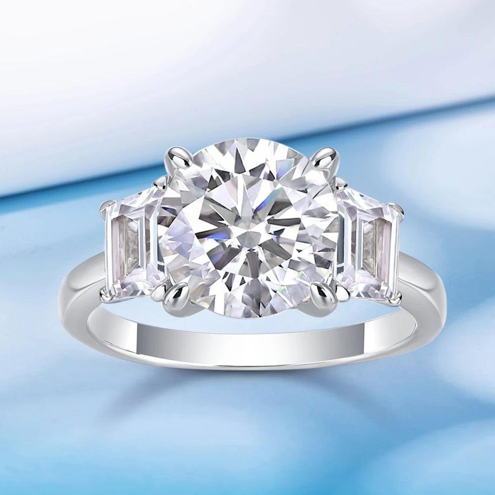 3 Stone 3ct Round Cut Full Moissanite Diamonds Rings for Women White Gold Plated Wedding Sterling Silver Jewellery