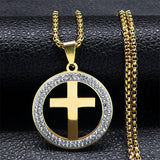 Cross AAA CZ Crystals Stainless Steel Round Pendant Necklace - Gold Colour Christian Chain Necklaces Jewellery - The Jewellery Supermarket