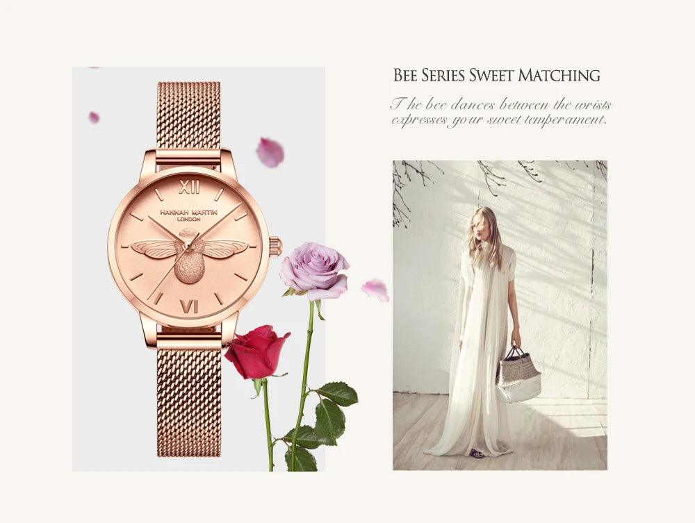 Elegant Luxury 3D Engraved Bee Dial Ladies Watch Rose Gold Plated 31mm Classic Casual Dress Watch with Bracelet Set
