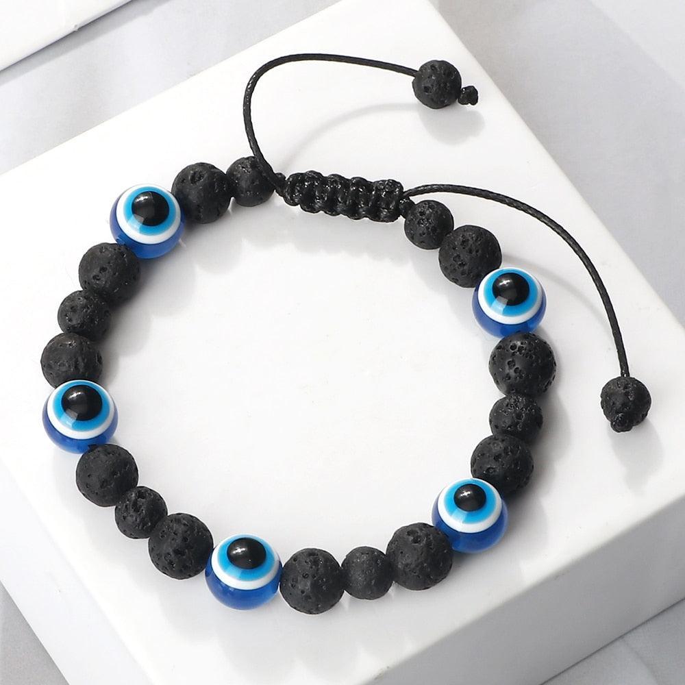Blue Evil Eye Beaded Charm Bracelets - Natural Cat Eye Stone Opal Adjustable Lucky Yoga Jewellery - The Jewellery Supermarket