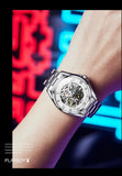 PLAYBOY Brand Skeleton Multifunction Automatic Mechanical Original Stainless Steel Fashion Luxury Watches for Men