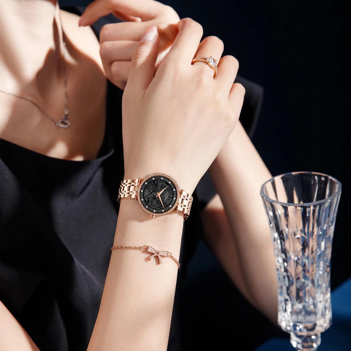 Elegant Stainless Steel Quartz Watches Fashionable Luxury Zircon Diamonds Japanese Movement Precision Ladies Watches