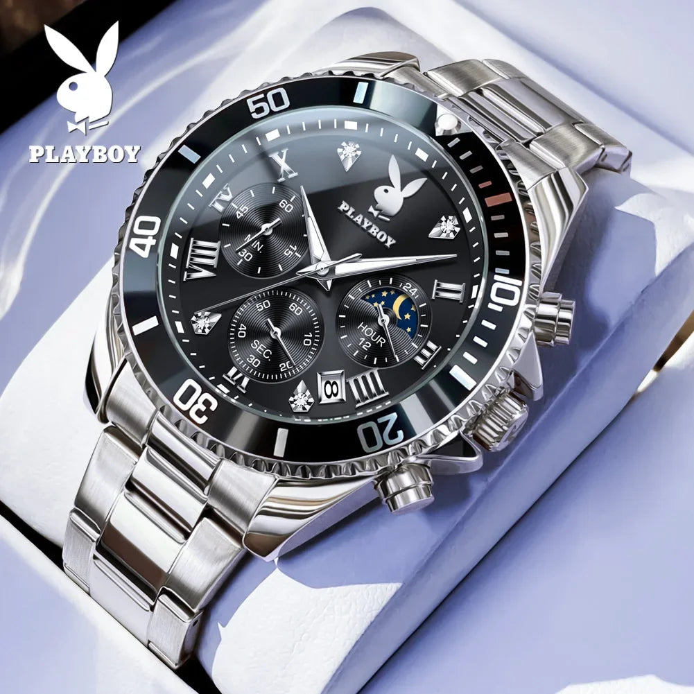 PLAYBOY Casual Business New Original Stainless Steel Multifunction Waterproof Luxury Quartz Men's Watches