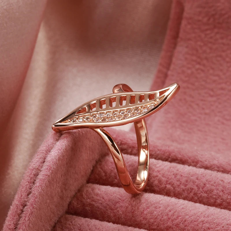 Luxury Leaf Shape Wax Inlay Rolled 14K Rose Gold AAA Zircon Diamonds Ring - Party Fashion Daily Jewellery