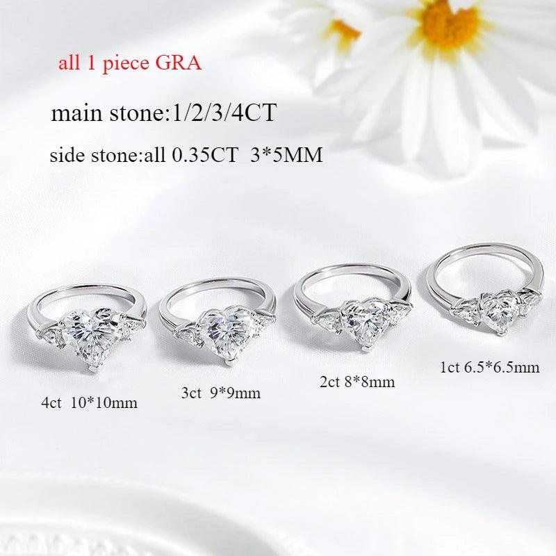 Heart Design 3 Stones 1CT 2CT 3CT 4CT Heart Cut Moissanite Diamond Rings - Engagement Wedding 925 Silver Jewellery