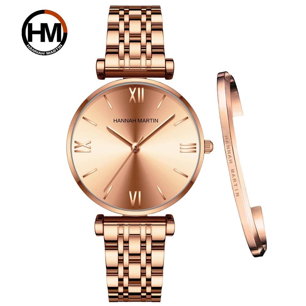 Simple Elegant Round Dial Fashion Stainless Steel Ladies Watches Rose Gold Colour Quartz Wristwatches with Bracelets