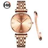 Simple Elegant Round Dial Fashion Stainless Steel Ladies Watches Rose Gold Colour Quartz Wristwatches with Bracelets
