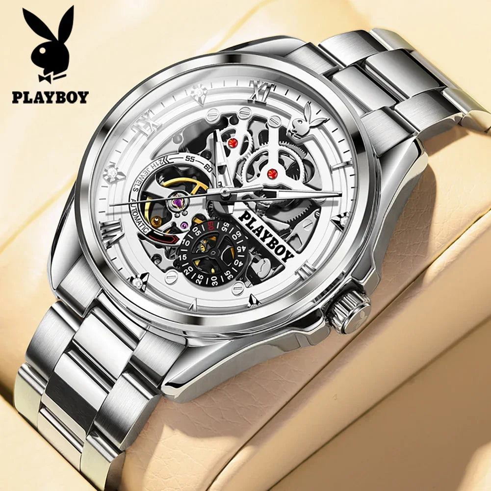 PLAYBOY Brand Skeleton Multifunction Automatic Mechanical Original Stainless Steel Fashion Luxury Watches for Men