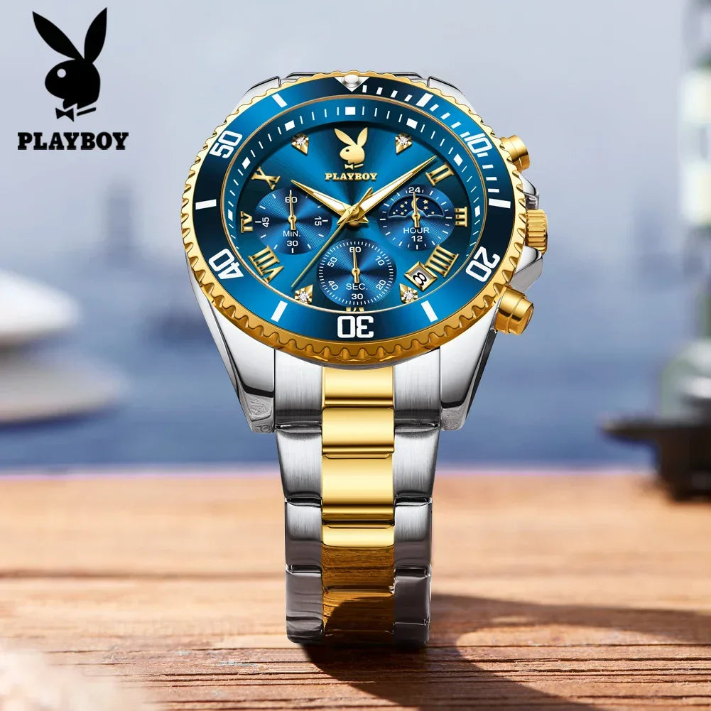 PLAYBOY Popular Original Stainless Steel Waterproof Quartz Multifunction Casual Fashion Trend Mens Watches