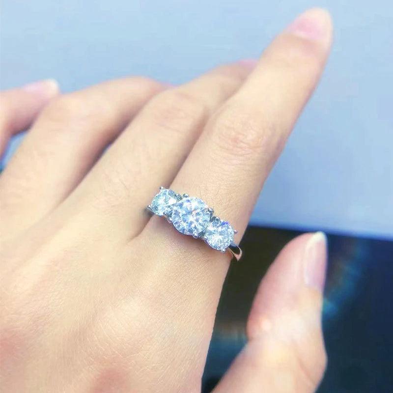 Real Round 3 Stone D Colour 2-4ctw Moissanite Diamonds Rings Wedding Engagement Promise Silver Certified Jewellery