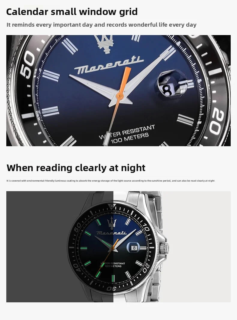 High Quality Maserati Waterproof Men's Business High-grade Green Water European and American Dial Quartz Watch