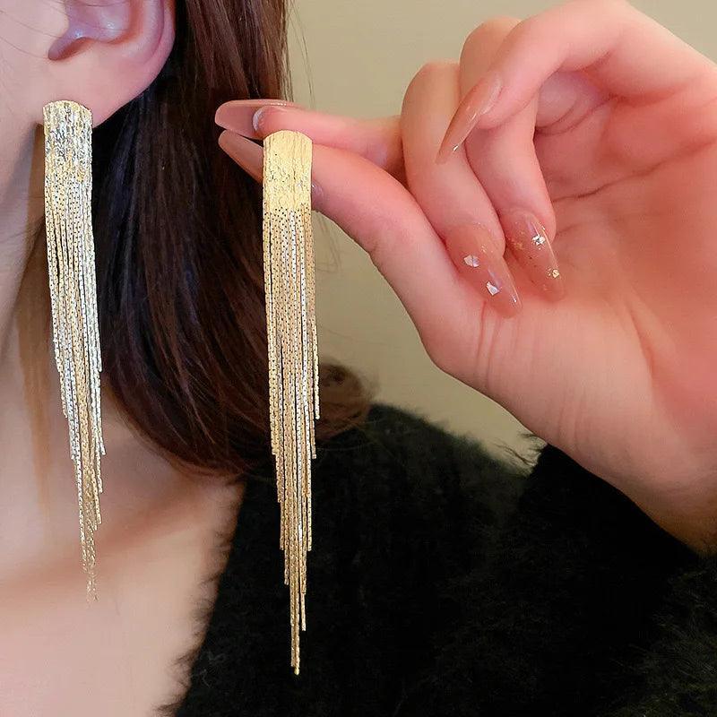 Fashion Statement Long Gold Plated Bling Tassel Earrings For Women and Girls - Stainless Steel Daily Fashion Jewellery - The Jewellery Supermarket