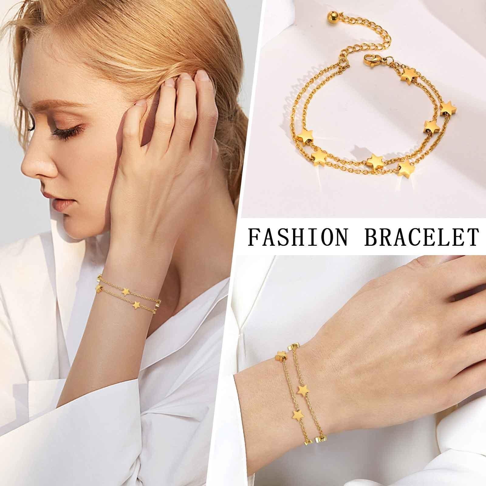Elegant  Gold Colour Stainless Steel Chain Bracelets for Women, Dainty Stars Charm Link Adjustable Jewellery - The Jewellery Supermarket
