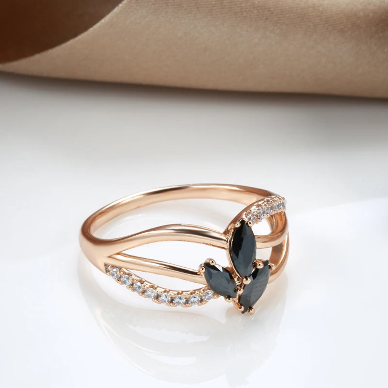 Trendy Flower Design Rolled Rose Gold of 14-Karat Purity Black AAA Zircon Crystals Ring - Fine Jewellery