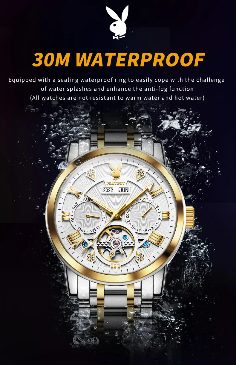 PLAYBOY Luxury Top Brand Fashion Automatic Mechanical Stainless Steel Waterproof Business Men's Watches for Men