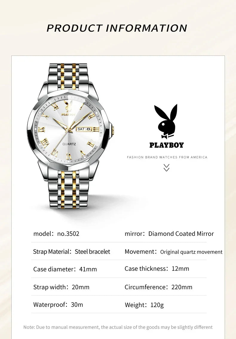 PLAYBOY Fashion Luxury High Quality Original Stainless Steel Waterproof Dual Calendar Luminous Quartz Men Watch