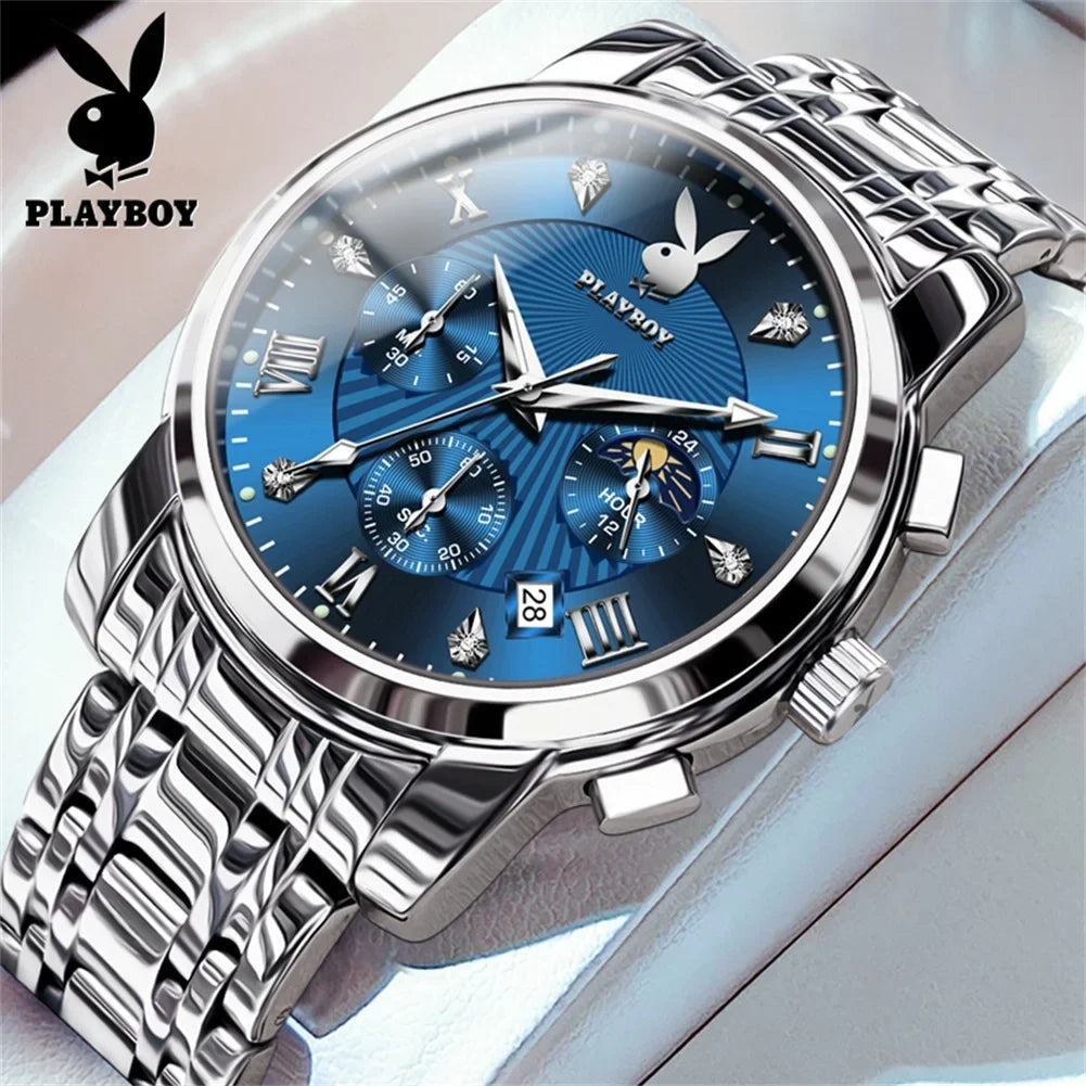 PLAYBOY Fashion Luxury Multifunction Original Waterproof Stainless Steel High Quality Quartz Watch for Men