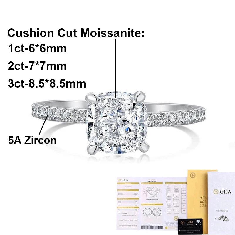 1/2/3CT Cushion Cut Moissanite Diamonds Solitaire Rings 925 Silver GRA Certified Engagement Wedding Fine Jewellery