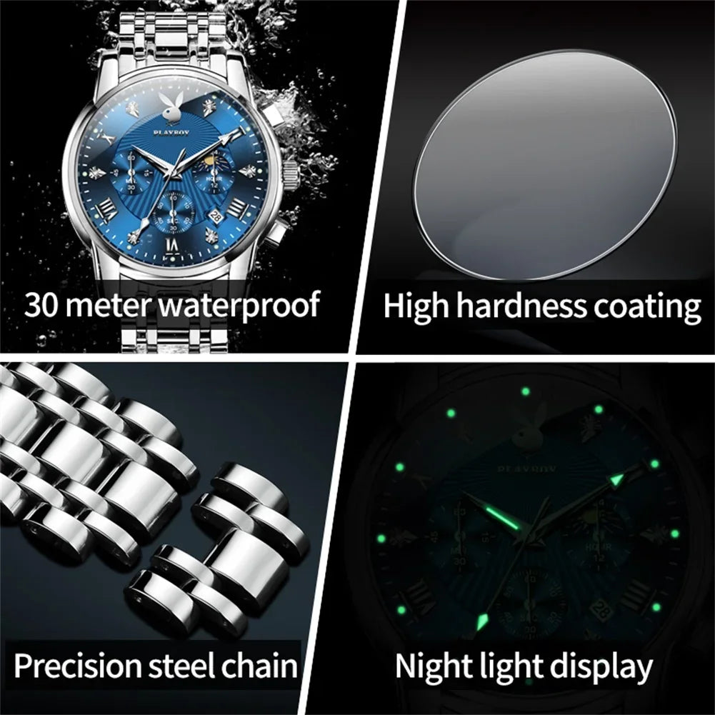 PLAYBOY Fashion Luxury Multifunction Original Waterproof Stainless Steel High Quality Quartz Watch for Men