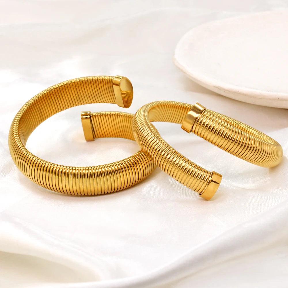 Trendy Wide Chunky Women Stainless Steel Cuff Bangles, Attractive Spiral Texture PVD Gold Plated Daily Wear Bracelet - The Jewellery Supermarket
