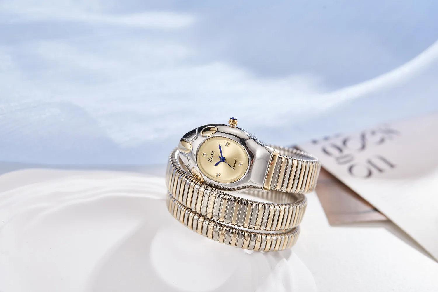 New Luxury Gold Silver Colour Snake Shaped Quartz Watches For Women - Elegant Fashionable Bracelet Wristwatches