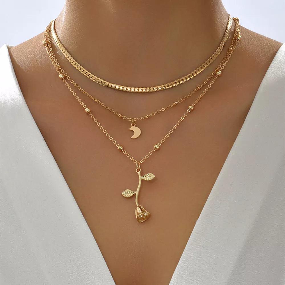 Bohemia Multilayer Moon Gold Colour Rose Flower Choker Fashion Pendant Necklaces For Women and Girls - The Jewellery Supermarket