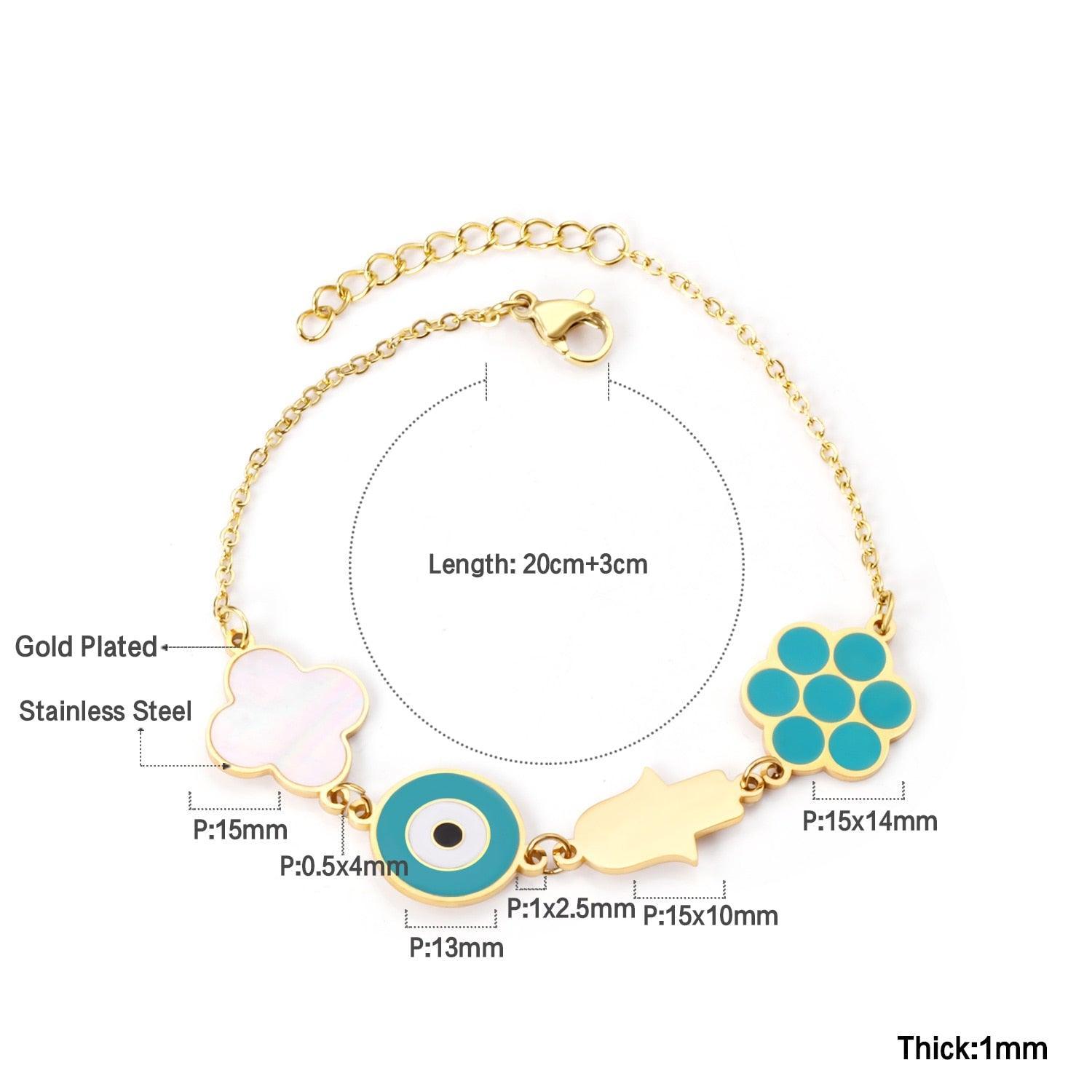 Blue Evil Eye CZ Charm Bracelets - Gold Colour Stainless Steel Drop Water Double Layer Cuban Link Jewellery - The Jewellery Supermarket