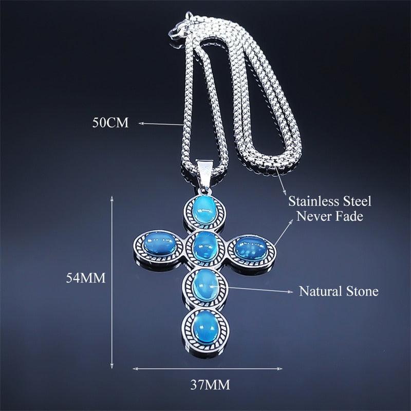 Bohemian Cross Pendant Necklace Stainless Steel Natural Stone Simple Chain Christian Necklaces Gift Jewellery - The Jewellery Supermarket