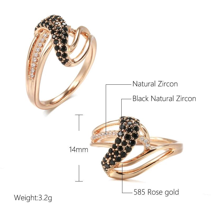 Vintage Style Unusual Geometric Filled 14K Rose Gold With Black AAA+ Zircon Fashion Elegant  Rings - Fine Jewellery