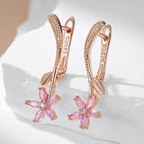 Superb Frosted Texture Pink 14K Rolled Rose Gold AAA Zircon Flower Dangle Earrings for Women - Fashion Jewellery