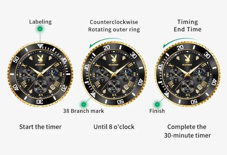 PLAYBOY Casual Business New Original Stainless Steel Multifunction Waterproof Luxury Quartz Men's Watches