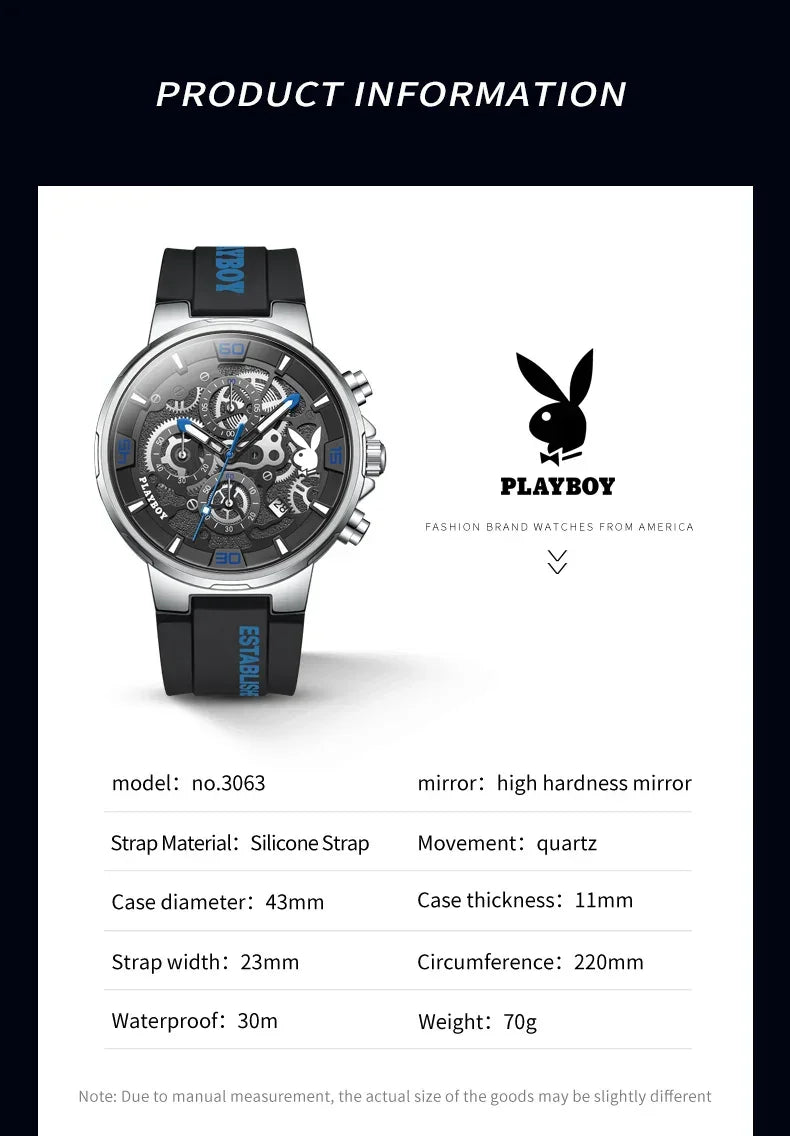 PLAYBOY Fashion Top Brand Luxury Silicone Sport Watch Quartz Date Waterproof Wristwatch Chronograph Mens Watches