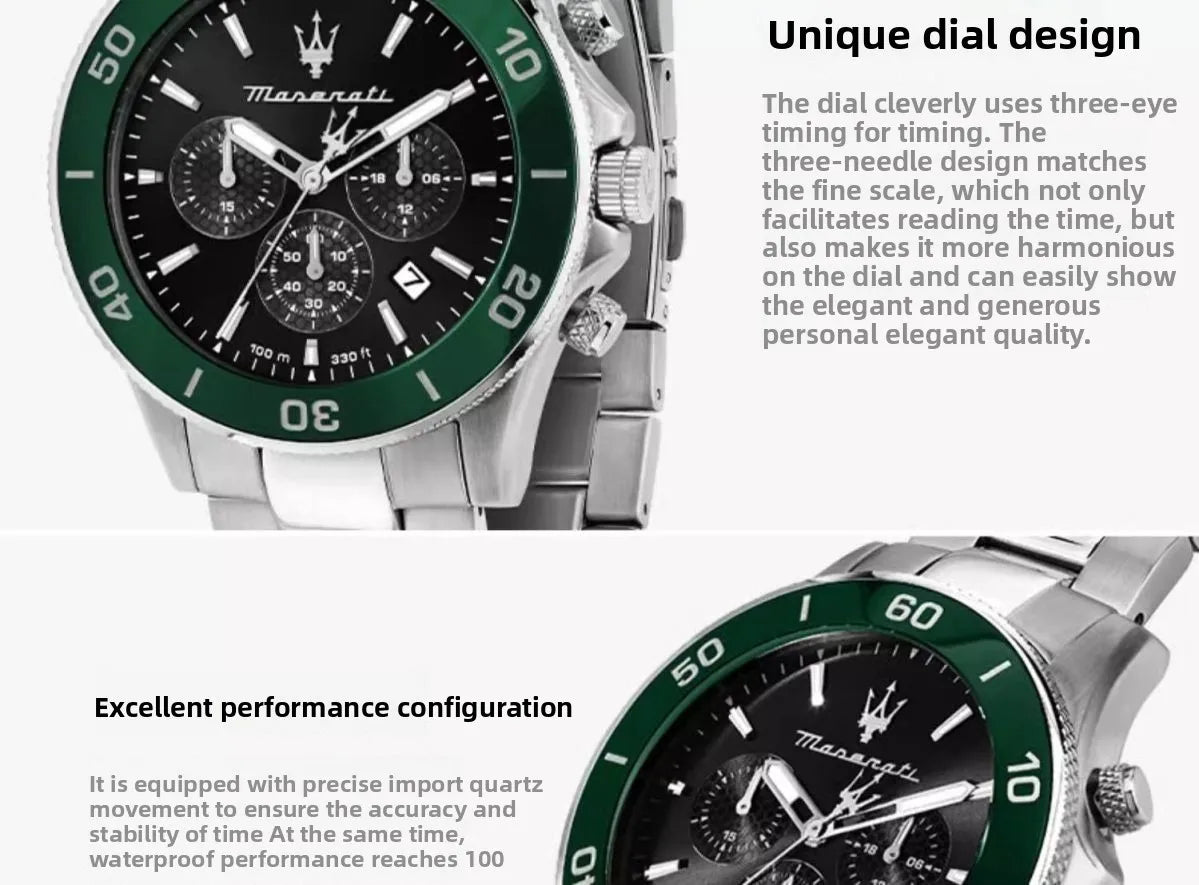 Maserati Original Green Water Ghost Trend Sports Watch Europe and America Style Authentic Quartz Wristwatch