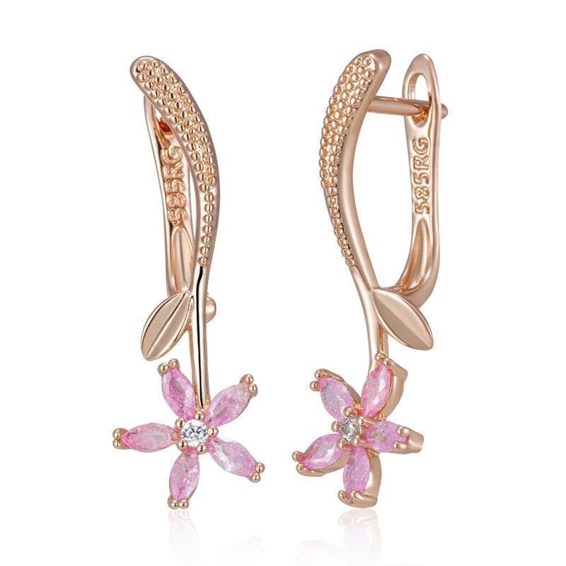 Superb Frosted Texture Pink 14K Rolled Rose Gold AAA Zircon Flower Dangle Earrings for Women - Fashion Jewellery