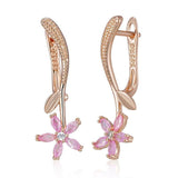 Superb Frosted Texture Pink 14K Rolled Rose Gold AAA Zircon Flower Dangle Earrings for Women - Fashion Jewellery