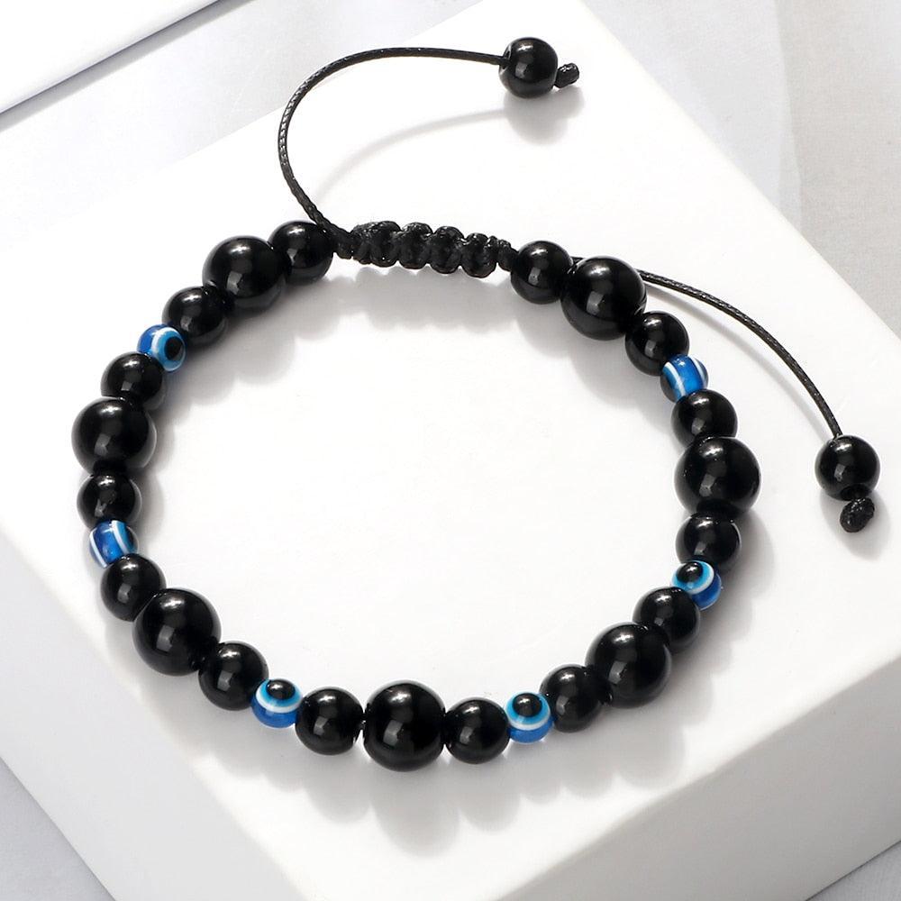 Blue Evil Eye Beaded Charm Bracelets - Natural Cat Eye Stone Opal Adjustable Lucky Yoga Jewellery - The Jewellery Supermarket