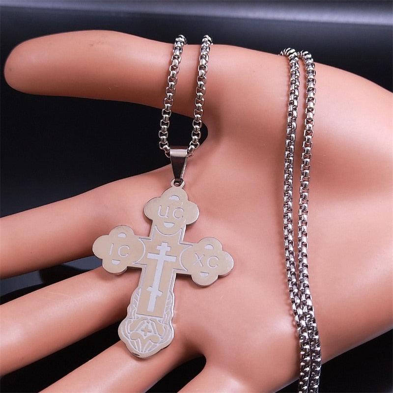 Christian Orthodox Cross Necklace Stainless Steel Jesus Religious Prayer Russian Chain Necklaces - The Jewellery Supermarket