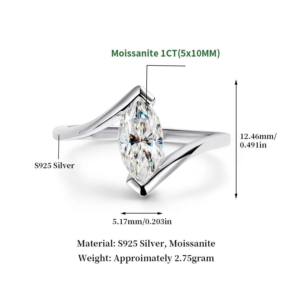 GRA Certified 5x10mm Marquise Cut Moissanite Diamond Solitaire Rings, 925 Sterling Silver Wedding Fine Jewellery