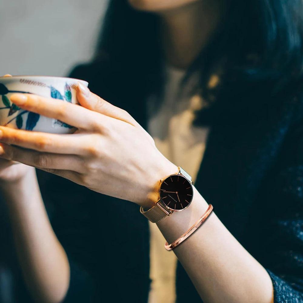 New Simple Elegant Rose Gold Tone Stainless Steel Women Bracelet Watch - Quartz Movement Steel Mesh Watches