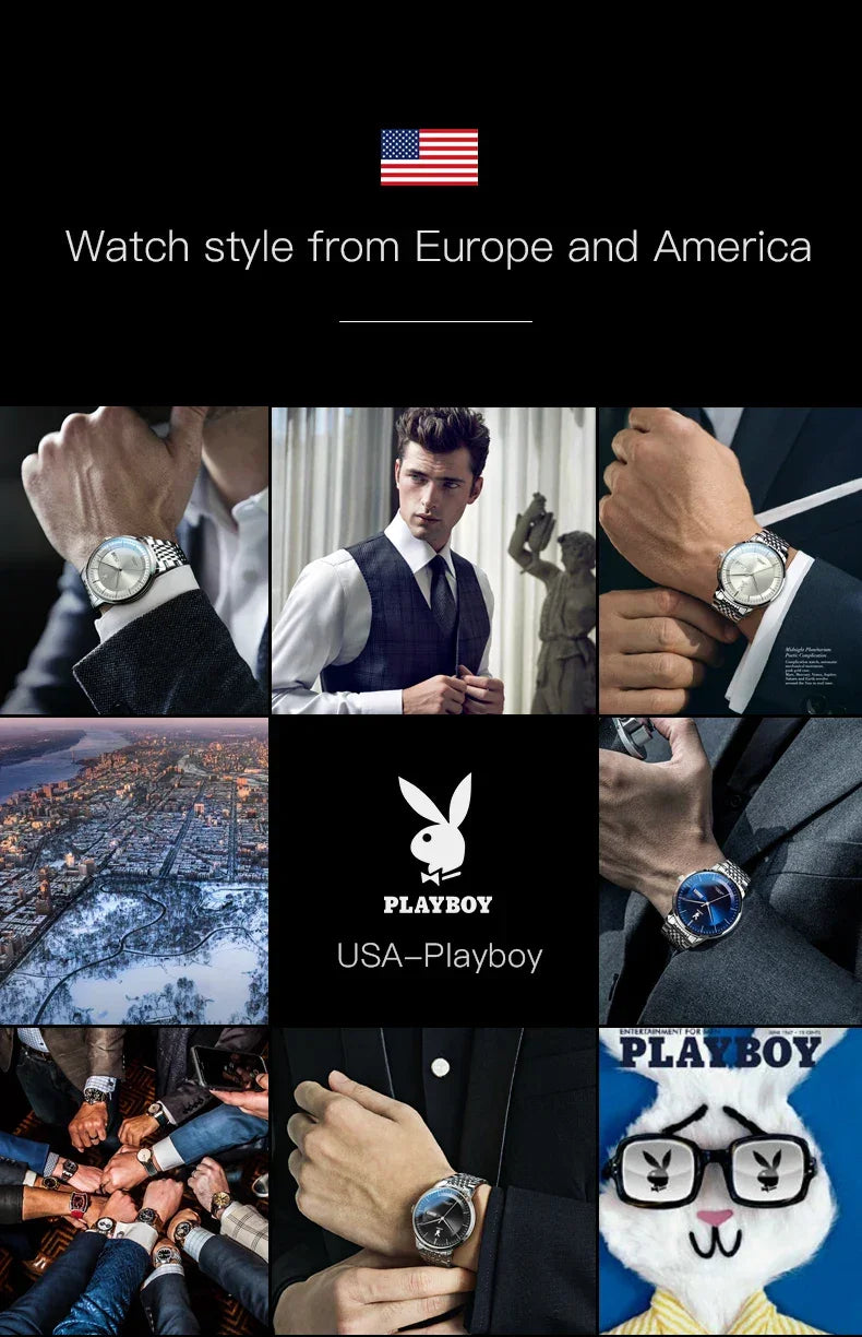PLAYBOY Casual Simple Automatic Mechanical Men's Watches Original Waterproof Calendar High Quality Watch for Men