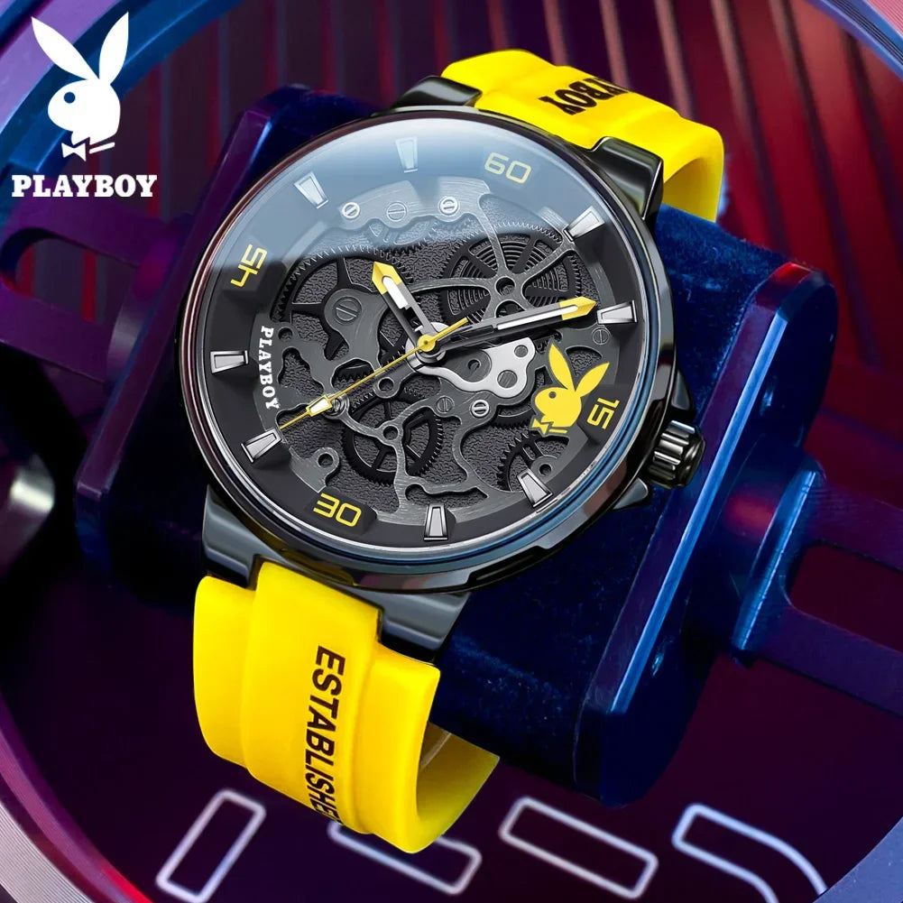 PLAYBOY Luxury Brand Casual Waterproof Quartz Silicone Strap Sports Elegant High-end Wrist Watch for Men