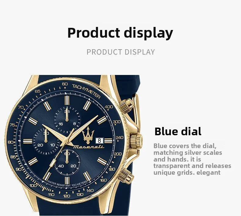 Amazing Gold Maserati Men's Watch Sports Leisure Luxury Europe and America Large Dial Black Silicone StrWatch.