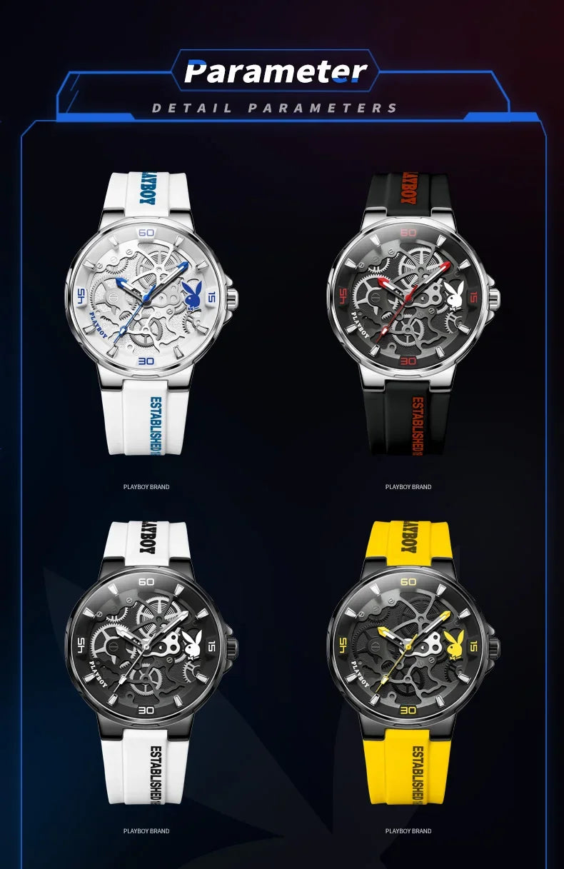 PLAYBOY Luxury Brand Casual Waterproof Quartz Silicone Strap Sports Elegant High-end Wrist Watch for Men
