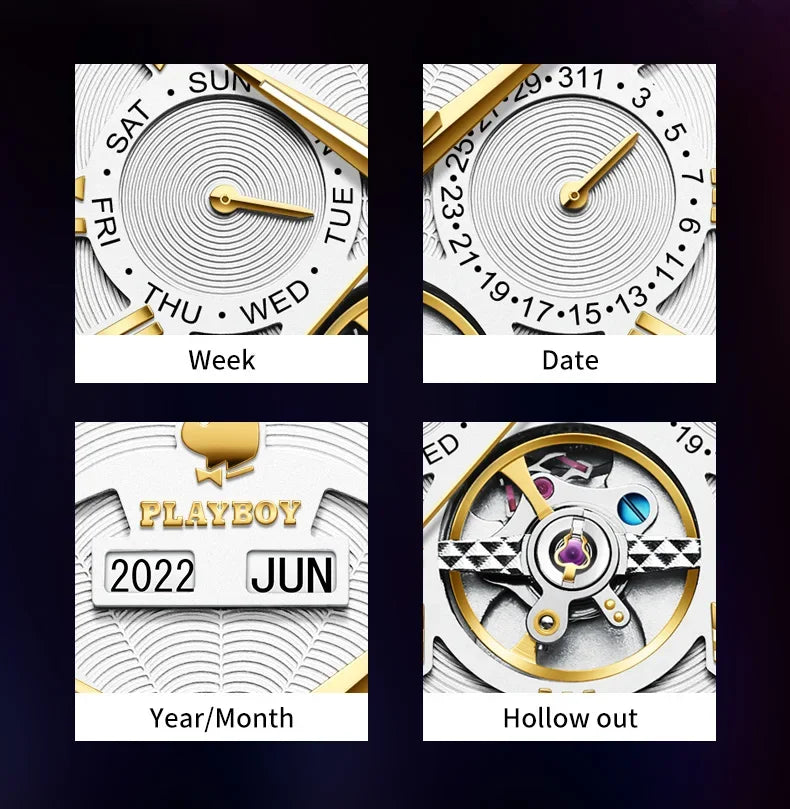 PLAYBOY Luxury Top Brand Fashion Automatic Mechanical Stainless Steel Waterproof Business Men's Watches for Men