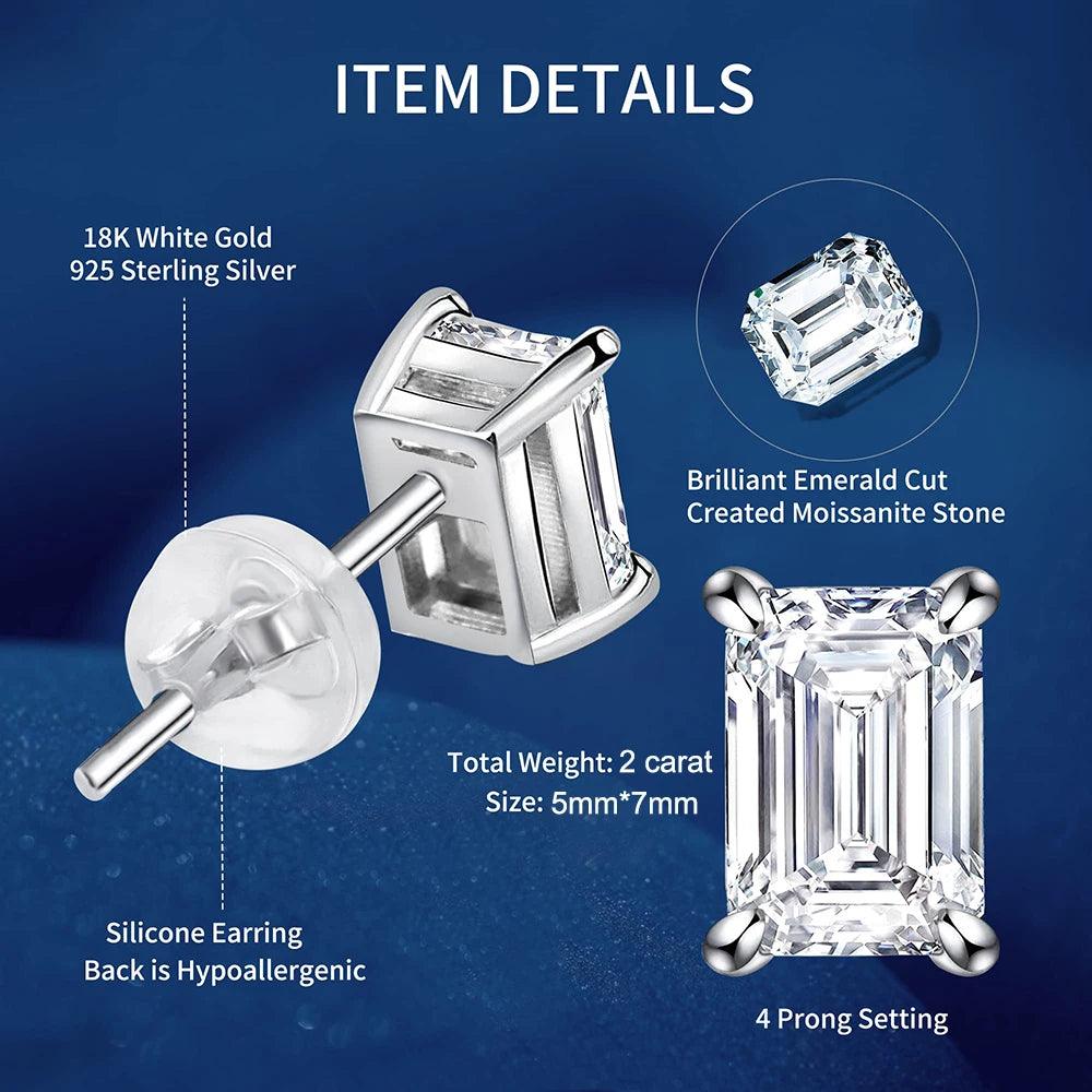 Emerald Cut 18KWGP 1Carat D Colour Radian Moissanite Diamonds Stud Earrings - Silver Fine Jewellery for Women and Men - The Jewellery Supermarket