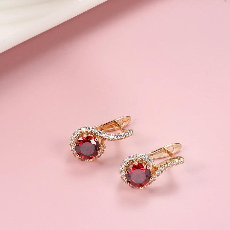 Luxury Rolled 14K Rose Gold Full White and Round Red AAA Zircon Women's lock Earrings Personality Jewellery